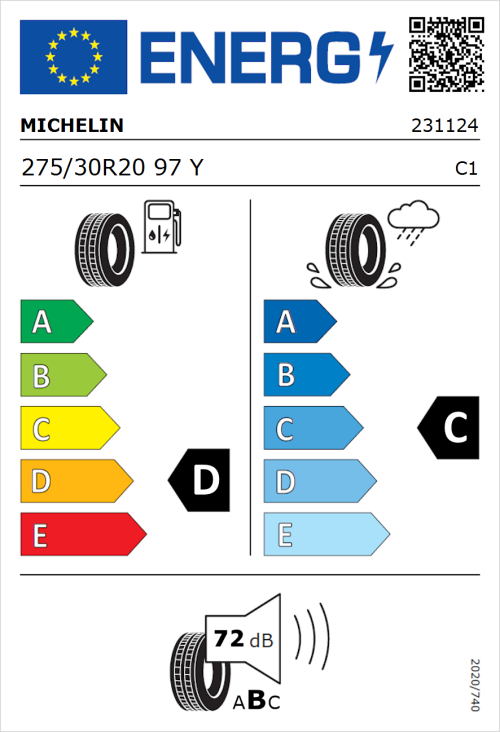 Tyre Label for Michelin Pilot Sport 4 S 275/30R20 97Y