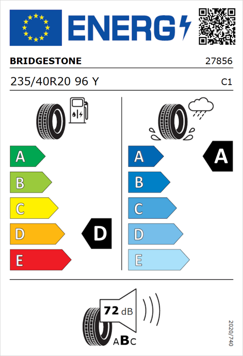 Tyre Label for Bridgestone Potenza Sport 235/40R20 96Y