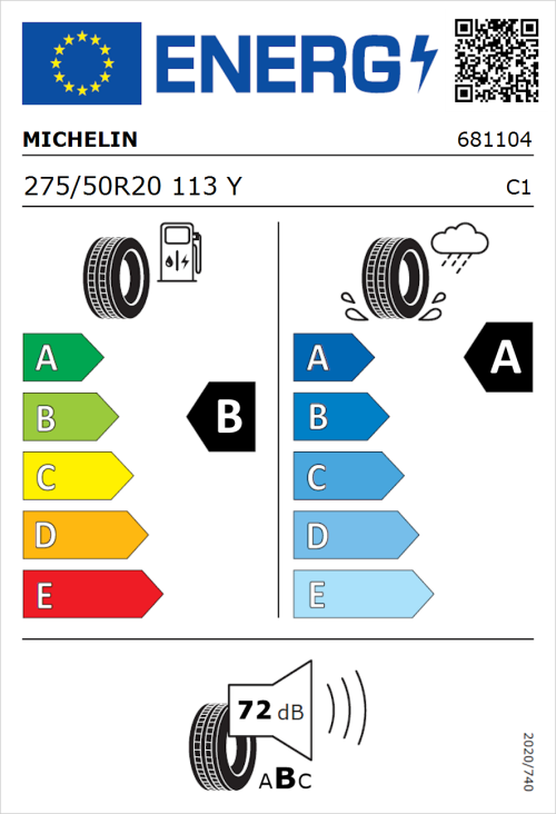 Tyre Label for Michelin Pilot Sport 4 S 275/50R20 113Y