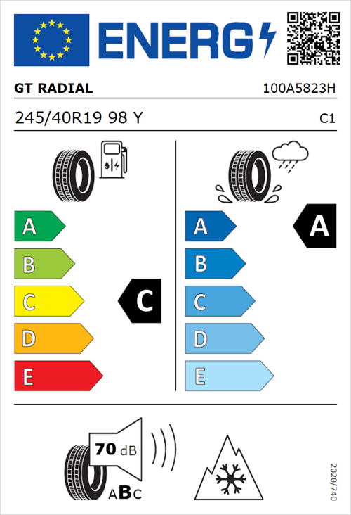 Tyre Label for GT Radial Climate Active 245/40R19 98Y