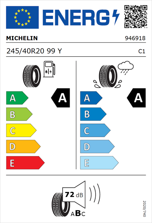 Tyre Label for Michelin Pilot Sport 5 Energy 245/40R20 99Y